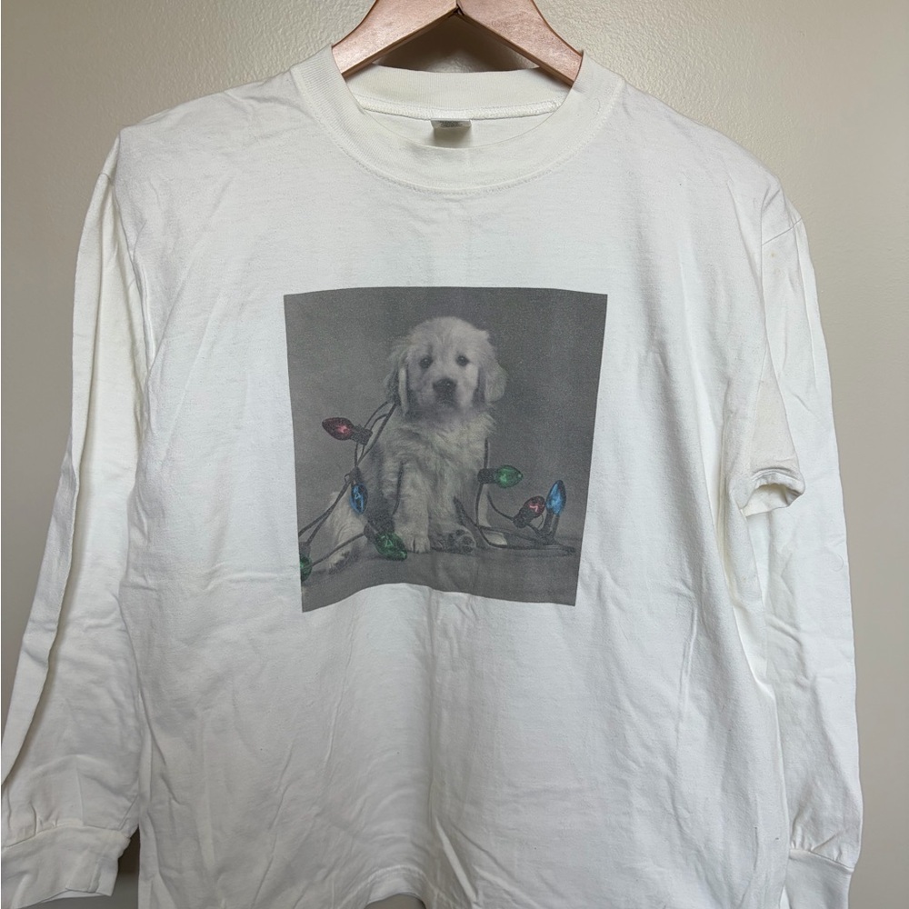 GAP White Long Sleeve Puppy Graphic Tee with Multicolored Lights
